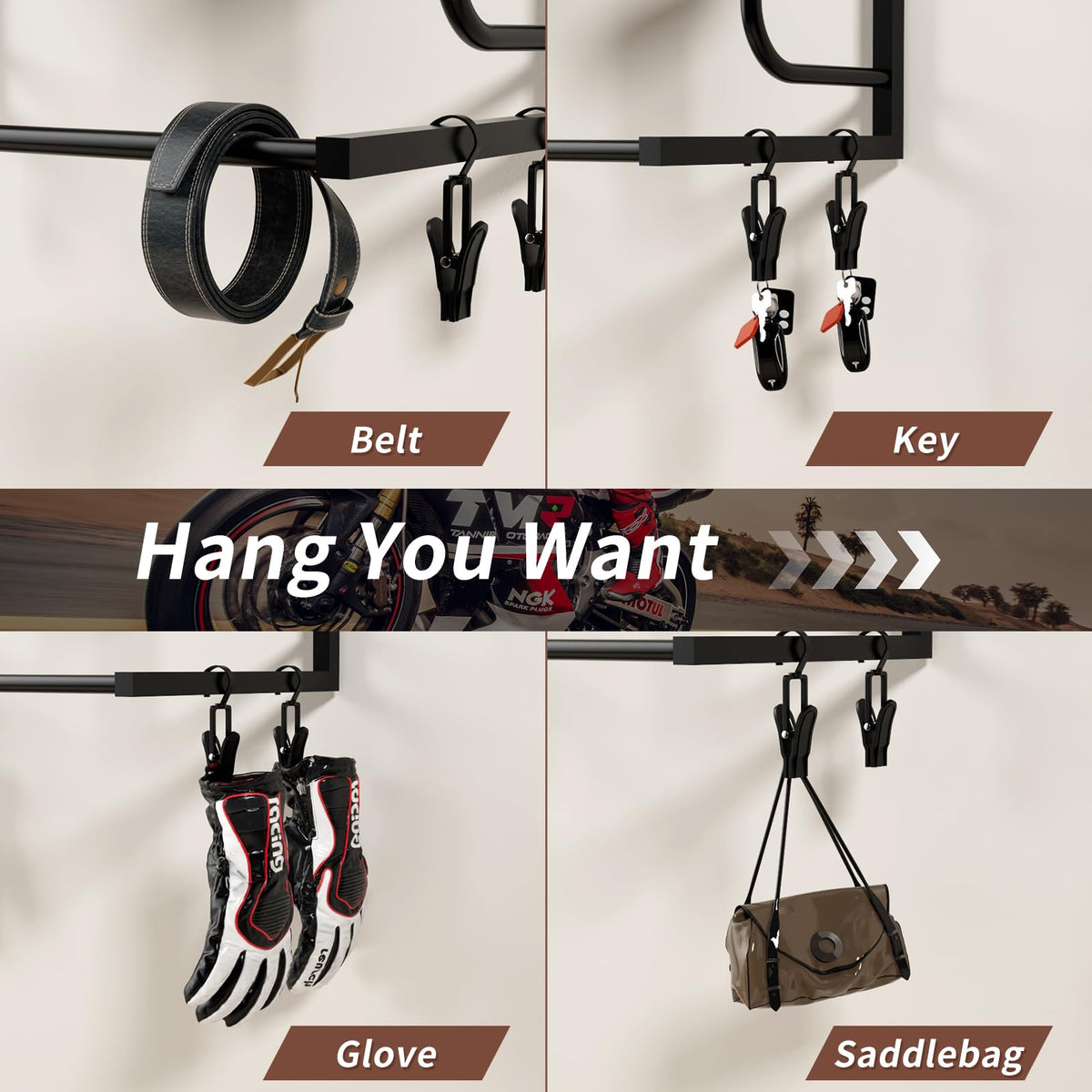 OMISRUIS Motorcycle Helmet Holder Wall-Mounted Helmet Rack with 4 Glove Chips& Hooks - Rustic Bike Helmets Storage Organizer, Universal Wall Mount for Helmets, Gear, Clothes, Accessories，Retro