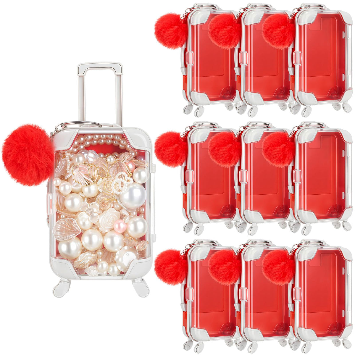 VioraWhite 20 Pcs Mini Suitcase Empty Storage Box and Plush Ball Keychain Candy Luggage Containers Packaging Case for Bridal Shower Baby Shower Party Favors Travel Gifts (Red)