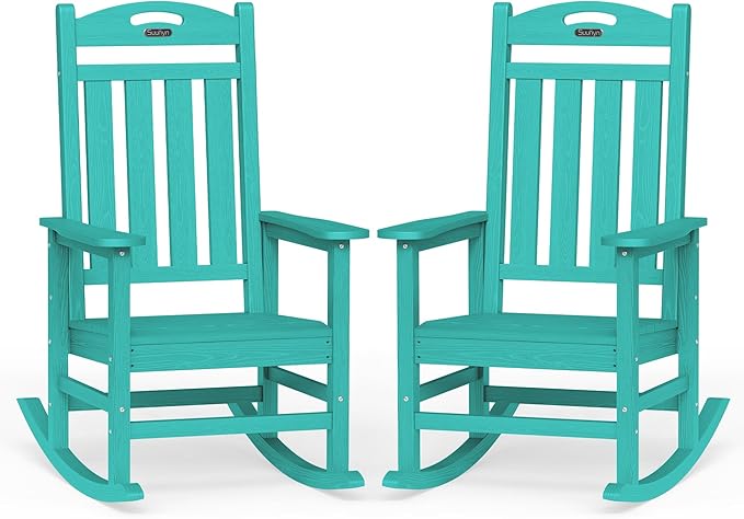 Oversized Outdoor Rocking Chair Set of 2, HDPE All-Weather Patio Rocking Chairs, High Back Outdoor Rocker for Porch, Patio, Lake Blue