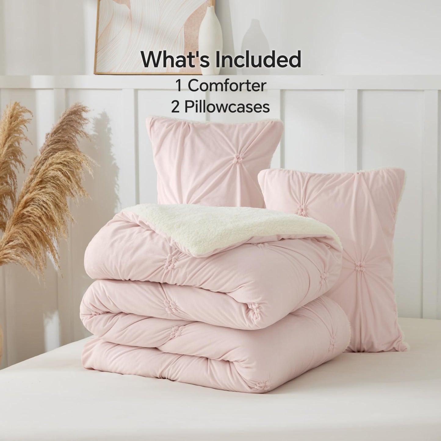 BEDELITE Pituck Fluffy Queen Comforter Set - Super Soft Sherpa Pink Comforter for Queen Size Bed, Luxury Warm Bedding Set for Winter, Fuzzy Bed Set 3 Pieces (1 Comforter, 2 Pillowcases)