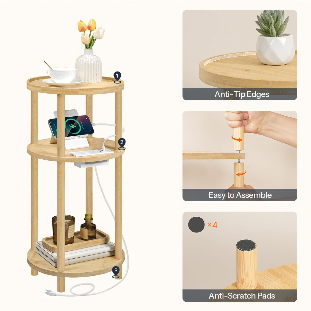 HOOBRO Small Round Side Table with Charging Station, 3-Tier Round Bamboo End Table, Compact Sofa Bedside Table for Small Space, Easy Assembly, for Living Room, Bedroom, Apartment, Natural YL152UBZ01