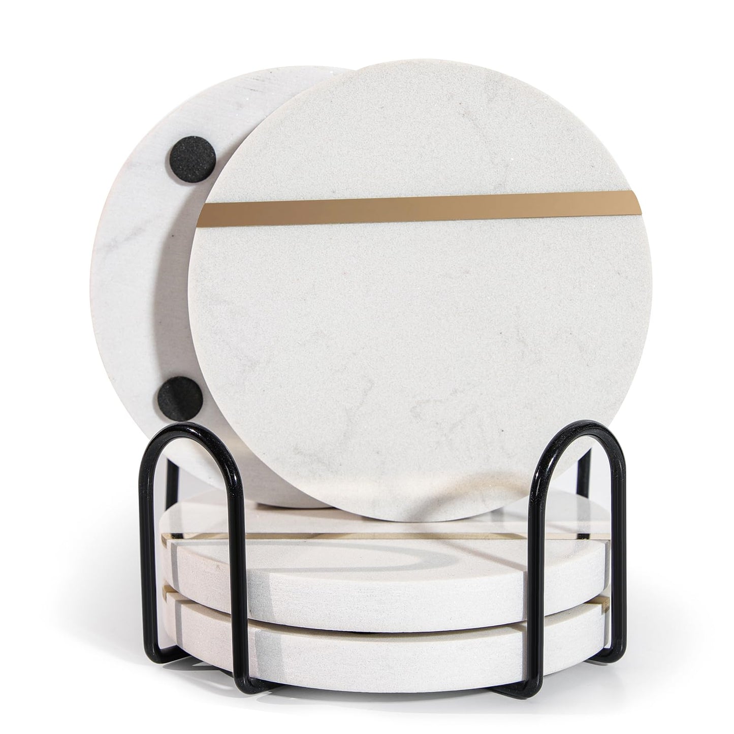 LiWiBet White Marble Coasters for Drinks with Holder Set of 4, Round Stone Coasters 3.94 Inches Elegant for Home Bar & Coffee Table Accessories Office Kitchen & Dining, Home Decor & Protection