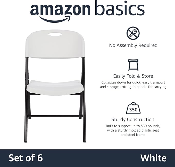 Amazon Basics Sturdy Foldable Plastic Chair, Portable, 350-Pound Capacity, White, 6-Pack