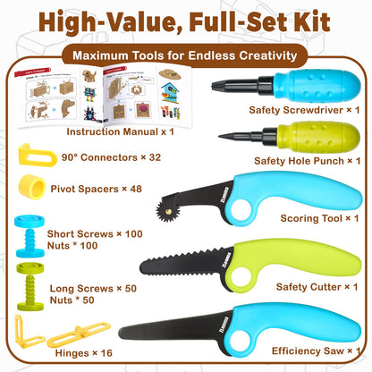 ZLemma Cardboard Construction Kit - 401 PCS Kids Building Set with Safe Serrated Cutter, Crease Roller, Screws & Nuts, STEM Upcycled Tool for DIY Cardboard Projects, Engineering & Creativity