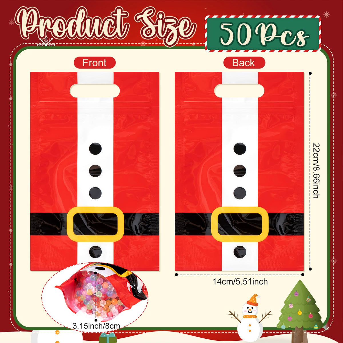 Gersoniel 50 Pcs Christmas Treat Gift Bags Resealable Santa Plastic Sealer Bags with Handles for Xmas Holiday Party Favor Candy Small Gift Wrapping Supplies Decoration