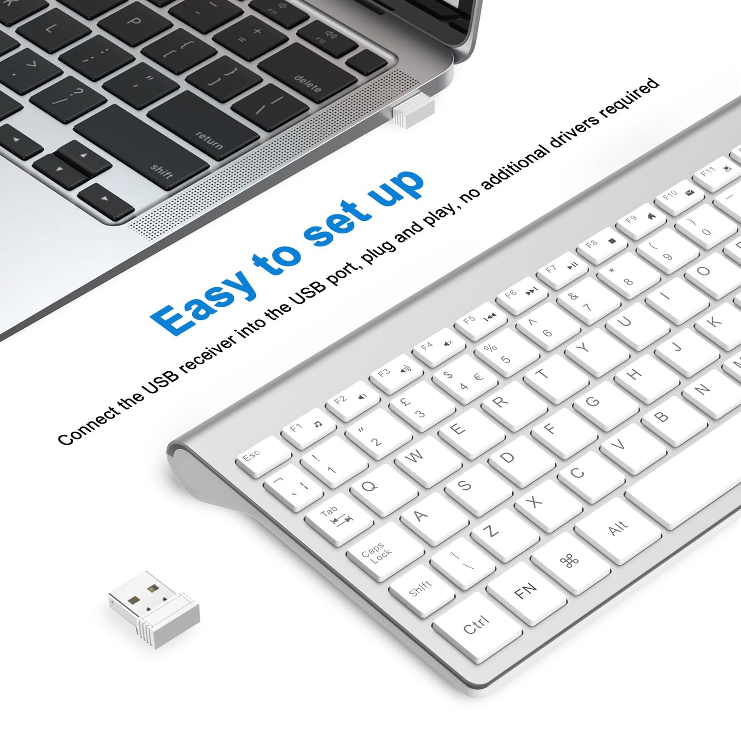 cimetech Wireless Keyboard, 2.4G, Ergonomic with Number Pad, Silent USB, PC, Laptop, Desktop, Windows 10/8/7/XP - Silver White