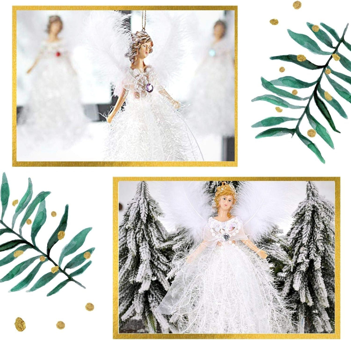 ONTODEX White Victorian Sparkle Feather Angel Christmas Tree Decoration Hanging Pendant Holiday Birthday Party Ornaments - 1 Piece