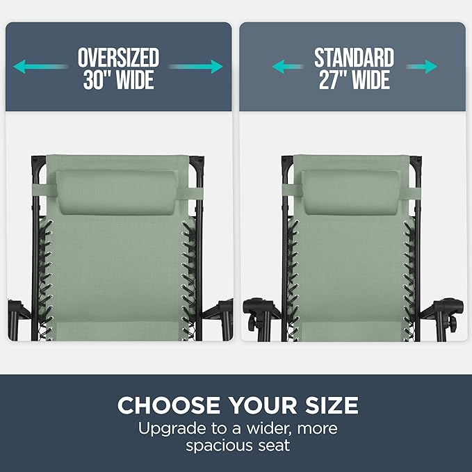 Best Choice Products 30” Wide Folding Zero Gravity Outdoor Recliner Patio Lounge Chair w/Adjustable Canopy Shade, Headrest, Side Accessory Tray - Sage Green