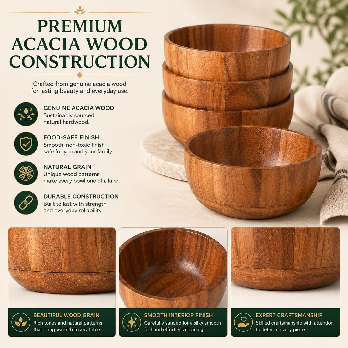 WEBHUSHI Acacia Wood Round Serving Bowls Set of 4 U Shape Handmade 4.75 Inch Medium Size Brown