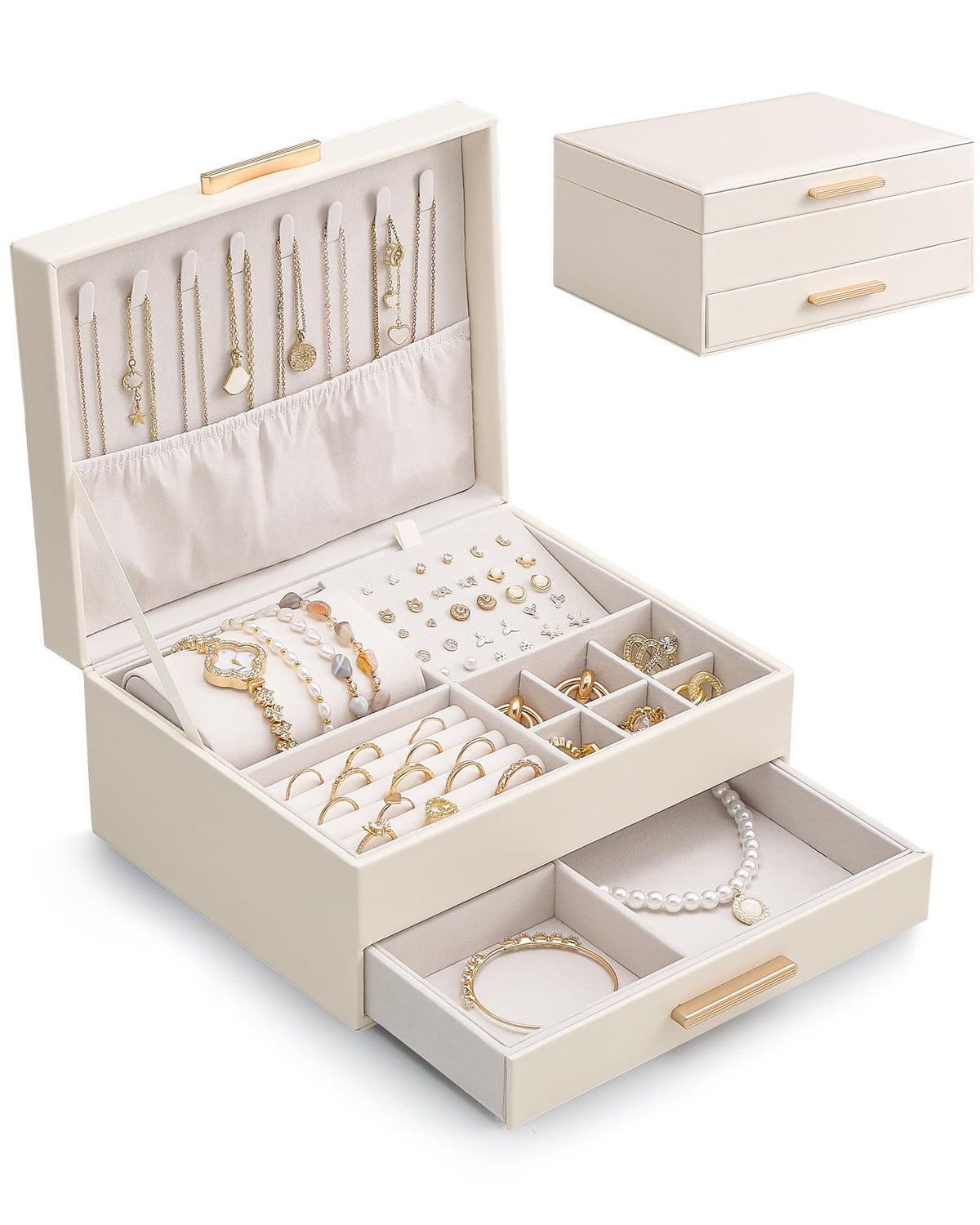 Lolalet 2-Layer Jewelry Box Organizer for Women Girls, Jewelry Storage Case Holder with Drawers for Necklaces Ring Earrings Bracelet Watch, Gifts for Galentines Valentines Girlfriend Wife -Beige