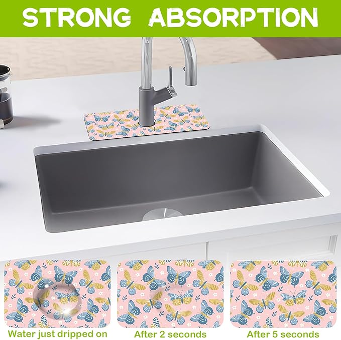 Butterflies and Chamomile Kitchen Sink Splash Guard Faucet Mat Super Absorbent