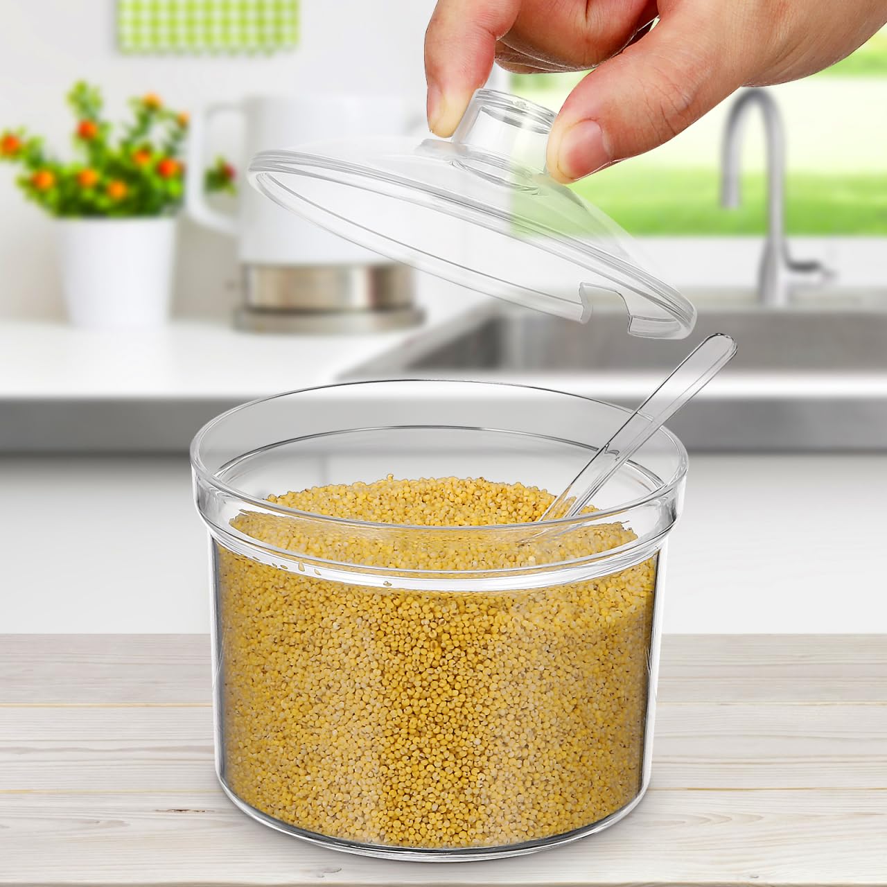 Cabilock Transparent Seasoning Box with Lids and Spoons 4.33X3.93 Inch Clear Salt Sugar Container Kitchen Condiment Storage Organizer