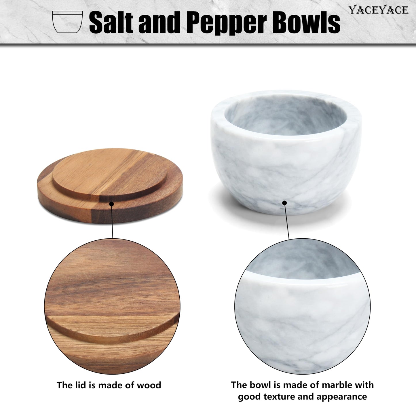YACEYACE White Modern Marble Salt Bowl, 4oz Small Salt Cellar with Acacia Wood Lid, Elegant White Salt Spice Seasoning Bowl, Container Jar Holder