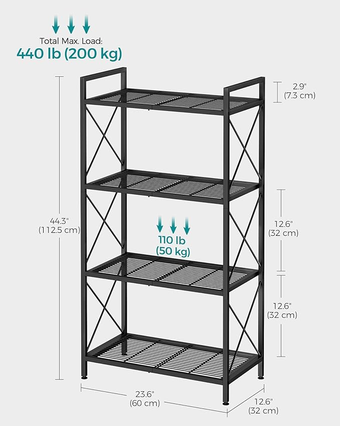 SONGMICS 4-Tier Metal Storage Rack, Shelving Unit with X Side Frames, Dense Mesh, 12.6 x 23.6 x 44.3 Inches, for Entryway, Kitchen, Living Room, Bathroom, Industrial Style, Ink Black UBSC164B01
