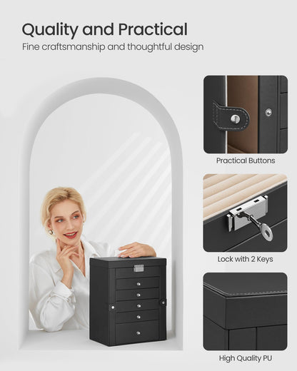 SONGMICS Jewellery Box 6 Tiers, Jewellery Case with 5 Drawers, Large Storage Capacity, with Mirror, Lockable, Jewellery Storage Organiser, Gift for Loved Ones, for Watches, Black JBC152B01