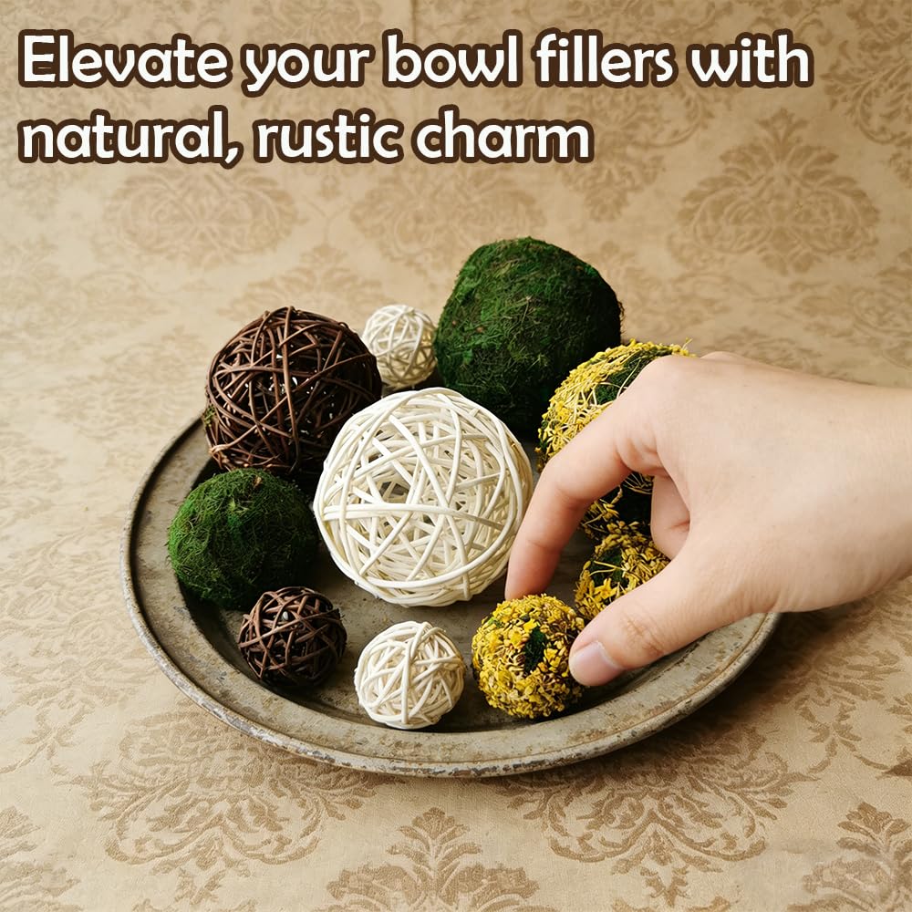Tinsow 18Pcs Decorative Balls for Bowls, Mixed Moss Balls, Rattan Wicker Orbs & Dried Floral Sphere Bowl Fillers Decor for Home Table Centerpiece Wedding