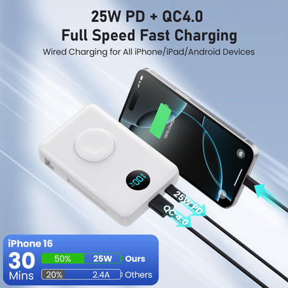 Magnetic Portable Charger for iPhone with Built-in Cables, 6-in-1 10800mAh Power Bank with iWatch Charger & LCD Display,25W PD Fast Charging Battery Pack for Magsafe,iPhone 16/15/14/13/12,Apple Watch