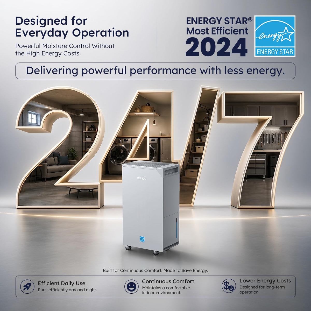 DECIUU 5000 Sq.Ft Energy Star Most Efficient 2024 Dehumidifier, Max 100 Pint Moisture Removal, Auto Defrost, Drain Hose, Smart Humidity Control for Basement, Home, Garage, Bathroom, Laundry Room