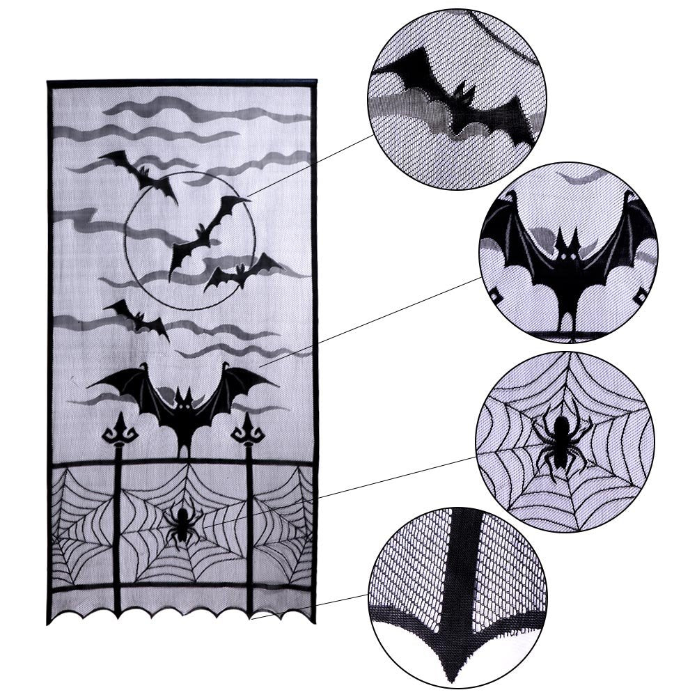 OurWarm 2pcs Black Lace Halloween Window Curtains, Spider Web Bats Door Curtain Panel Decor for Spooky Halloween Holiday Party Decoration, 40 x 84 Inch