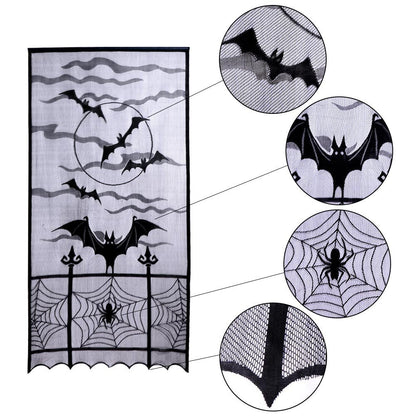 OurWarm 2pcs Black Lace Halloween Window Curtains, Spider Web Bats Door Curtain Panel Decor for Spooky Halloween Holiday Party Decoration, 40 x 84 Inch