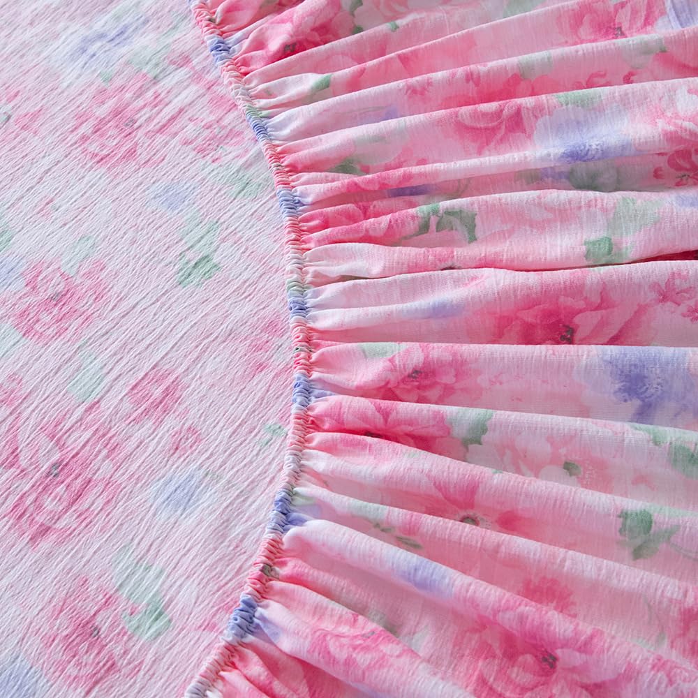 NATURETY Bedding Fitted Sheet with Deep Pocket,Cars Printed Fabric Bed Sheets(Pink Flower,Queen)