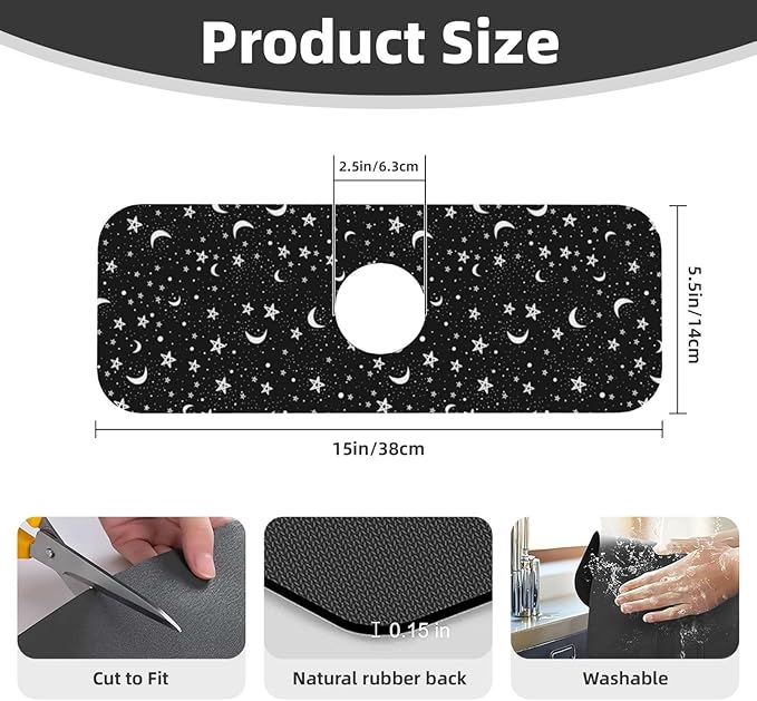 Black And White Moon Star Kitchen Sink Splash Guard Faucet Mat Super Absorbent