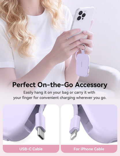 RORRY Portable Charger, 5000mAh Portable Charger Power Bank with Built-in Cables, Travel Keychain Charger Battery Pack for iPhone 17/16/15/14/13/12, for AirPods 2/3/4/Pro, Purple