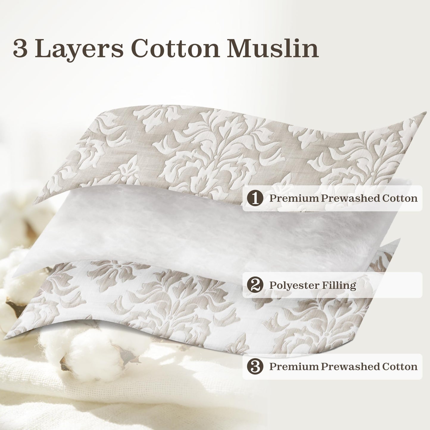 Exclusivo Mezcla Cotton Quilts King Size Beige, Soft Lightweight Bedspread Breathable Prewashed Bed Coverlet with 2 Pillow Shams, Boho Pattern Yarn Dyed Muslin Quilt Bedding Set for All Seasons