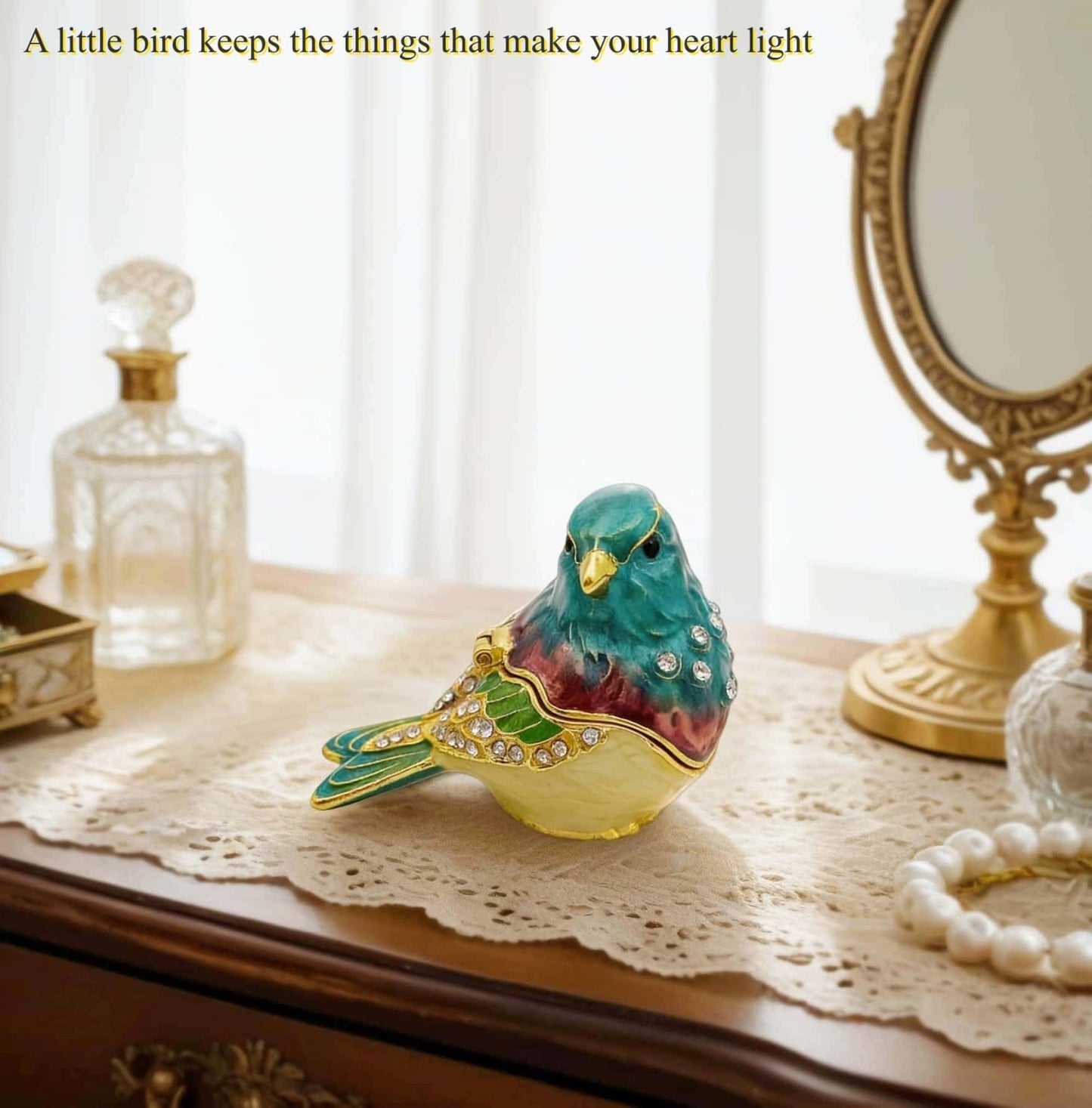 JWT Astyle Turquoise Green Bird Trinket Boxes Hinged,Bird Decor with Crystals Enamel Jewelry Box.Necklace Ring Box Earrings Storage.Collectible Birds Lover Gifts Figurines Home Decor