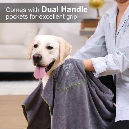 PETTOM Dog Towels for Drying Dogs 2 Pack, Dog Drying Towel with Hand Pockets, Super Absorbant Microfibre Pet Towels for Dogs Puppys Cats, Pet Shower Bath Towel Machine Washable, Grey and Green
