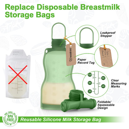haakaa Silicone Breast Milk Storage Bag 9 oz- Reusable Milk Collector Freezer Bag for Breastfeeding Mom - Baby Food Storing Yummy Pouch - Breast Pump Bag -Leakproof - 5 Count