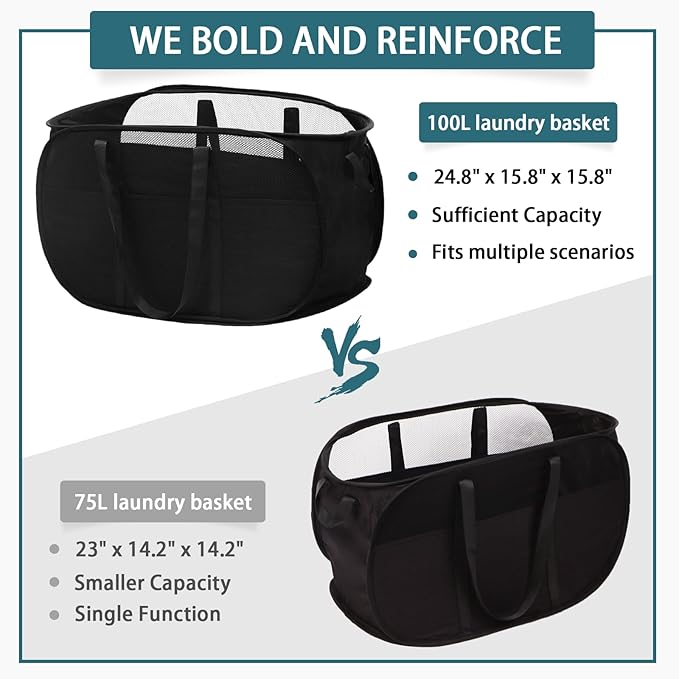 100L Collapsible Laundry Baskets, Tear Proof Pop Up Laundry Hamper
