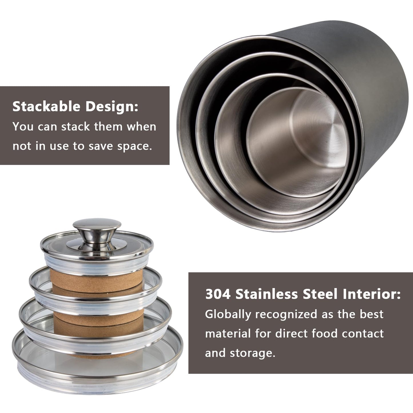 malmo Stainless Steel Food Canister Set of 4-Piece, 16/49/85/132 Ounces,Airtight Containers with Glass Lid for Tea,Coffee,Sugar,Flour,Pantry Kitchen Storage Storeroom Counter (Black)