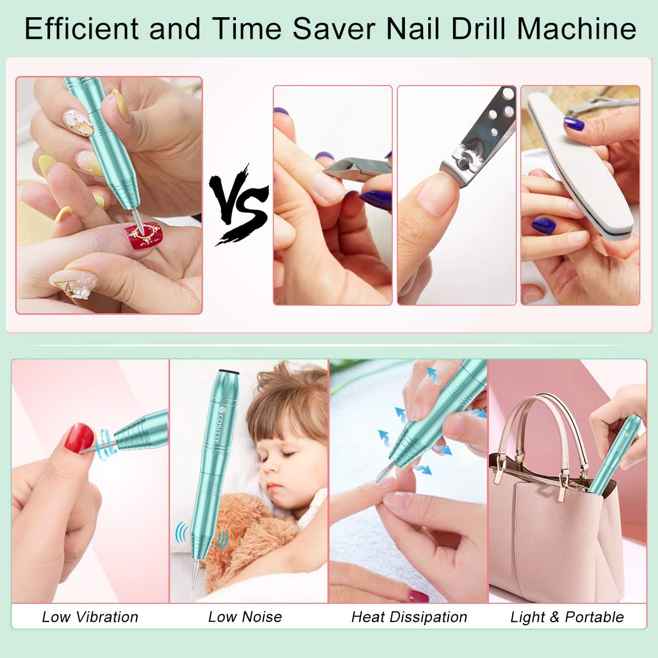 Electric Nail Drill,USB Electric Nail Drill Machine for Acrylic Nail Kit,Portable Electric Nail File Polishing Tool Manicure Pedicure Kit Efile Nail Supplies for Home Salon,Pink