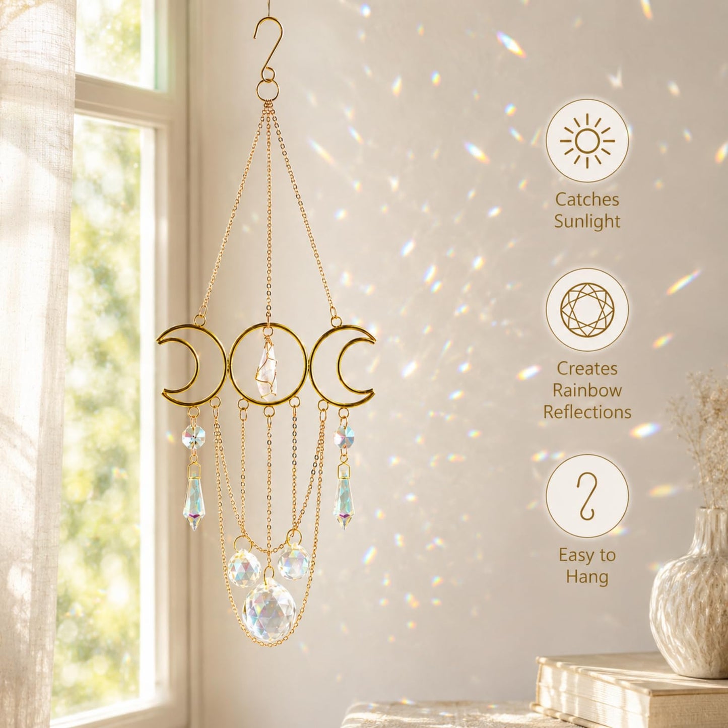 Bohemian Moon Crystal Suncatcher, Hanging Crystal Decoration for Window