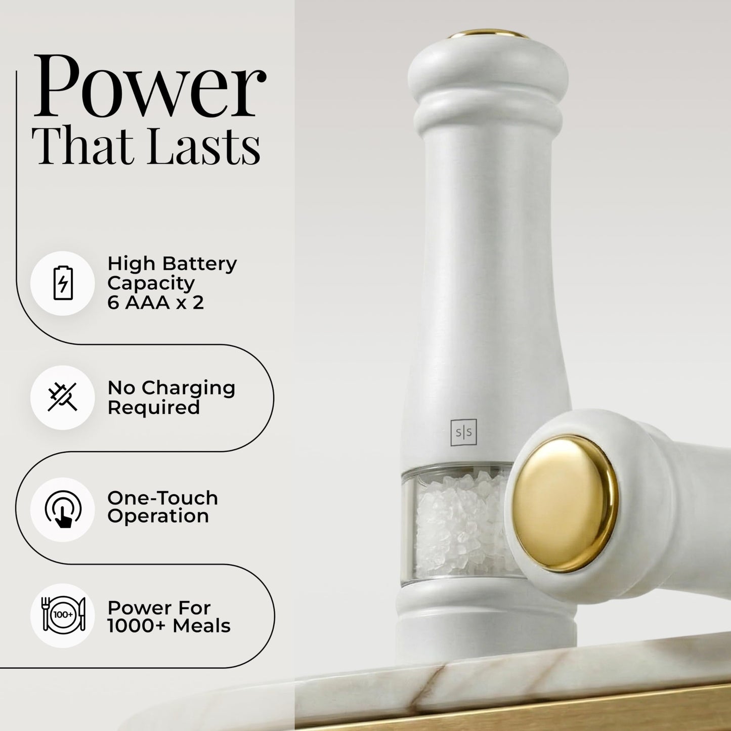Electric Salt and Pepper Grinder Set - Styled Settings White Electric Salt and Pepper Shakers, Automatic Stainless Steel Set with LED Light, Battery Operated, Adjustable Coarseness, Wood Base