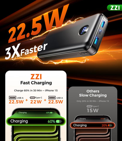 Portable Charger Power Bank, 60000mAh Battery Pack with 3 in 1 USB-C/iOS/Micro-USB Cable, 22.5W Fast Charging Portable Phone Charger, Travel Camping Essential Powerbank for iPhone 17/16 Samsung,Ebony
