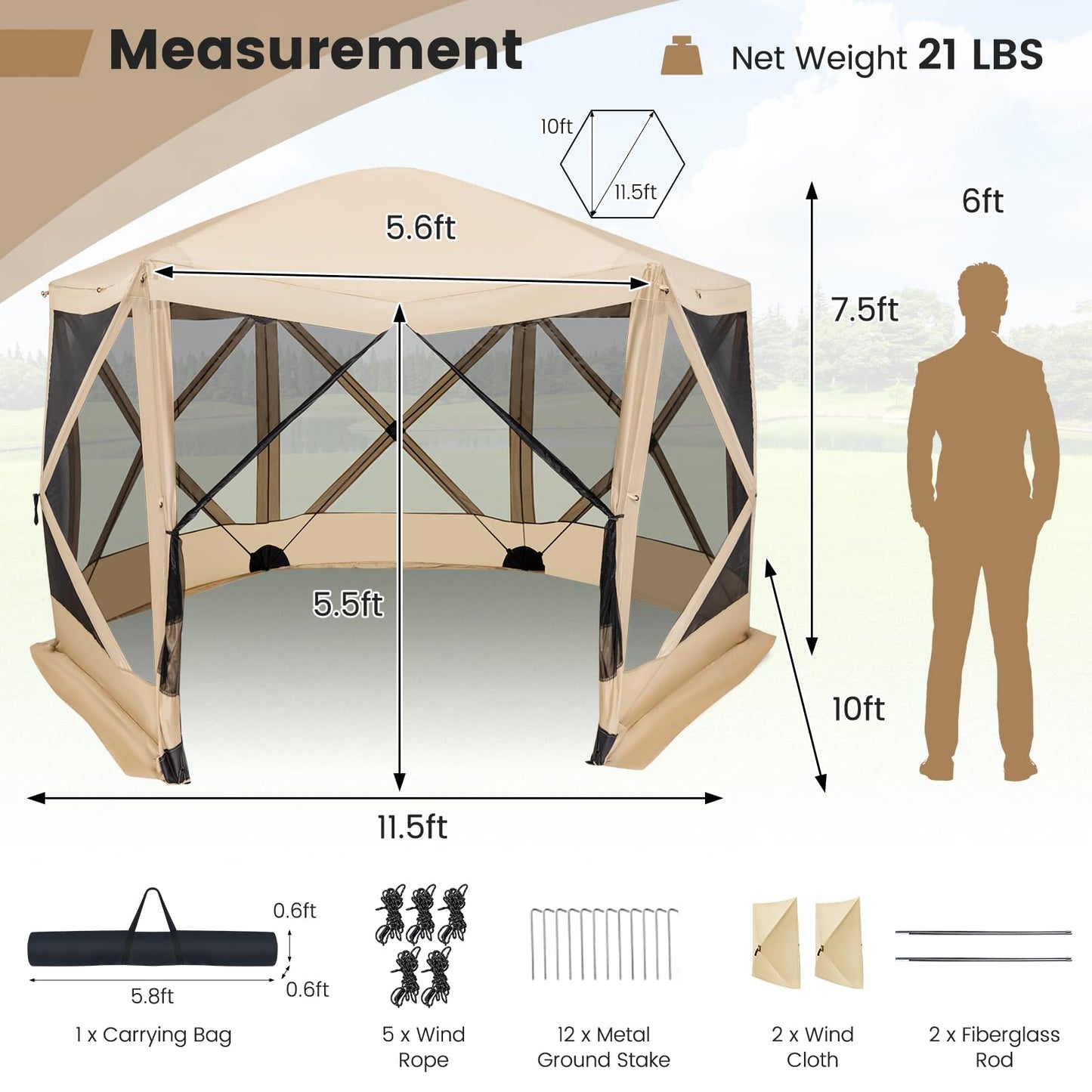 Tangkula 11.5x11.5 Ft Pop Up Gazebo with Netting, Portable Screen Tent with 6 Sided Mesh Walls, 2 Sunshade Cloths, Outdoor Instant Canopy Shelter with Carry Bag for Camping, Lawn, Backyard