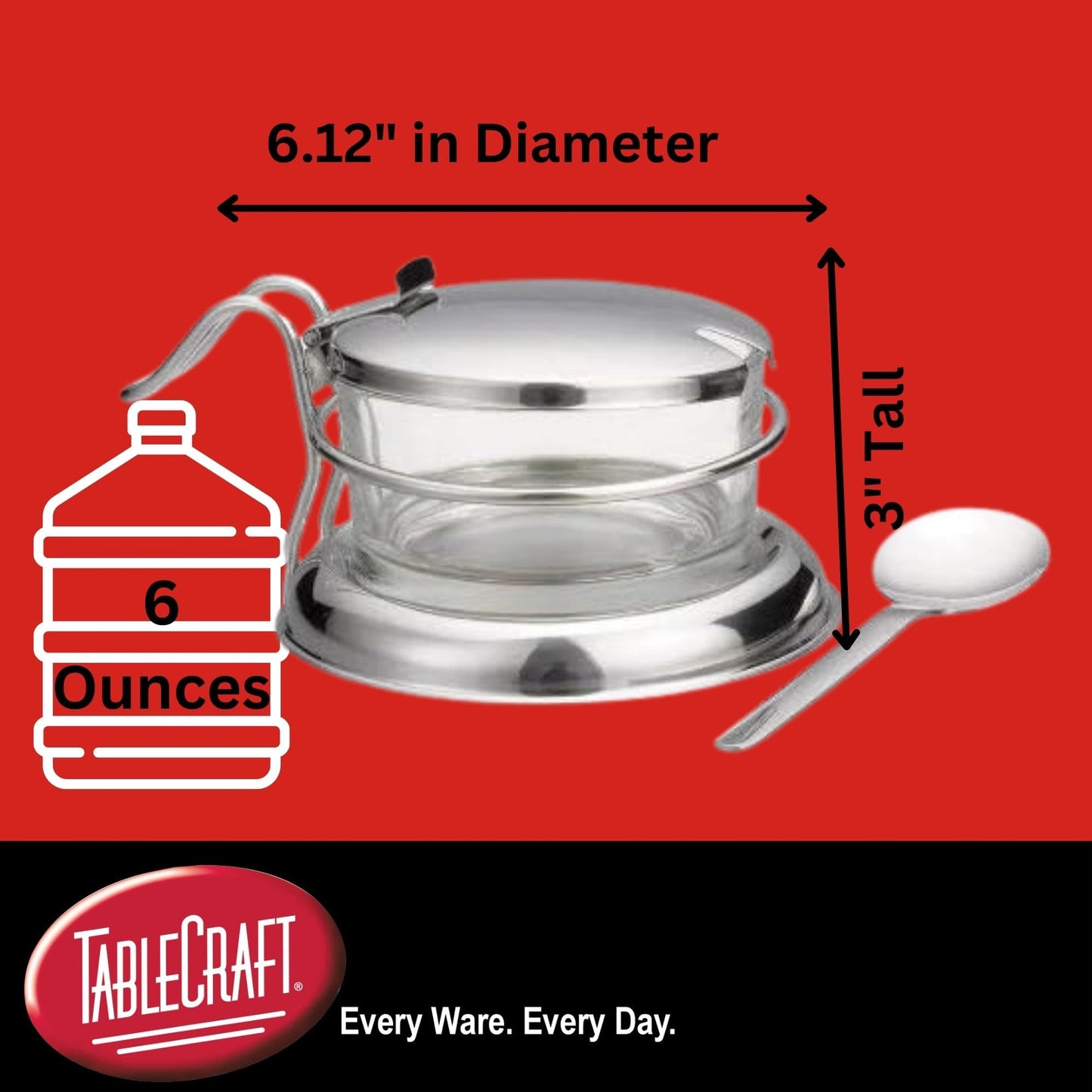 TableCraft 357 Condiment Jar Set with Spoon, 6 oz Clear Glass Jar with 18-8 Stainless Steel Lid, Spoon and Holder, Polished Tabletop Dispenser for Home or Restaurant Use