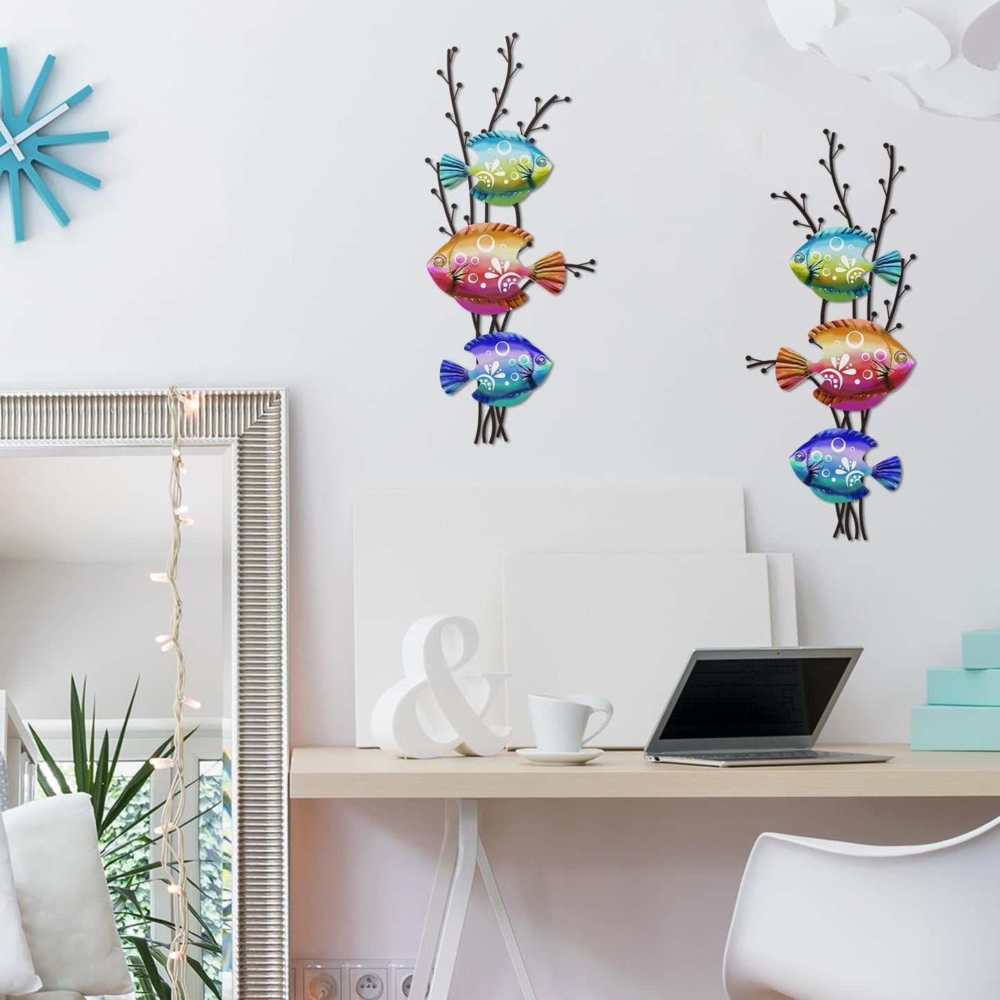 Landhoow 2 Pcs Coastal Wall Decor Metal Fish Wall Art Beach Ocean Sea Tropical Fish Art Nautical Hanging Sculpture for Summer Party Favor Indoor Outdoor Bedroom Living Room Kitchen