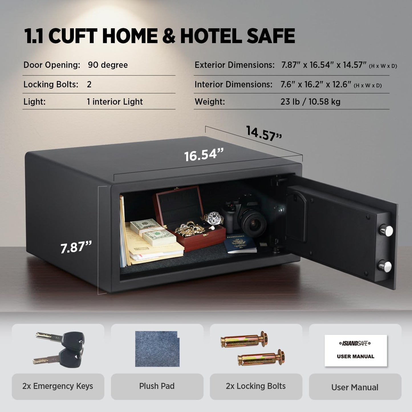 ISLANDSAFE Hotel Safe 1.1 Cubic Feet Home Safe with Digital Keypad,Hotel & Home Dual-Use Safe with Audit Function,Administrator Password,Security Lock Box for Laptop,Jewelry,Watch (Black,Digital Code)