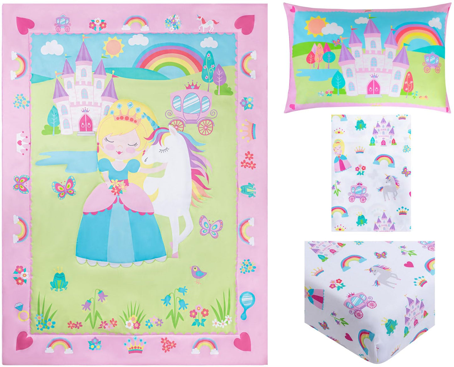 Todays Kids Princess Toddler Bedding Set for Girls - 4-Piece Toddler Bed Comforter Sets for Girls, Reversible Comforter & Pillowcase, Flat Sheet, Fitted Sheet, Breathable & Super Soft Microfiber