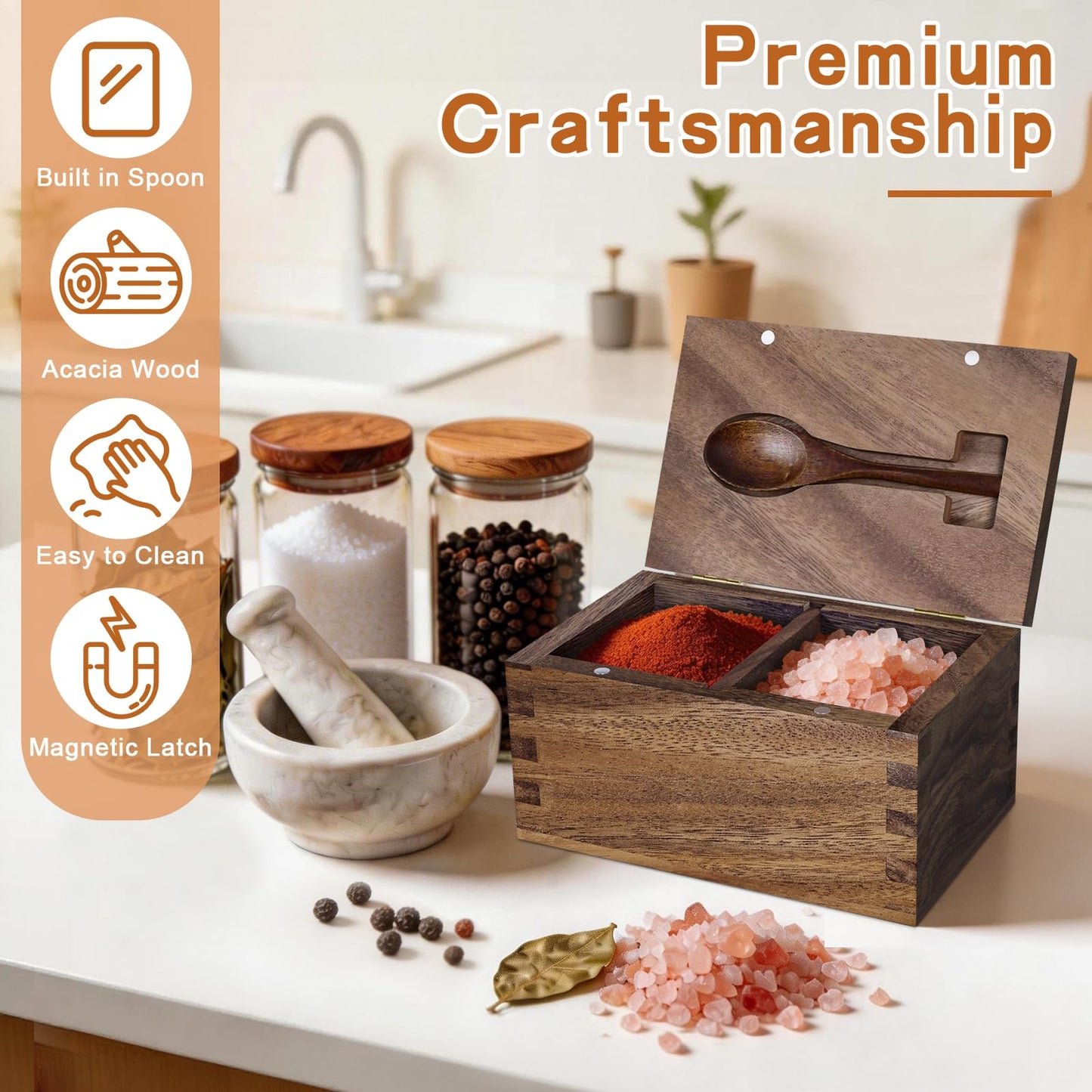 Vorisebo Large Capacity Acacia Wood Salt Container with Magnetic Flip Lid & Built-in Spoon, 20 OZ Kitchen Salt Holder, Elegant Salts Cellar Box to Storage Pepper, Herbs, Spice or Favorite Seasonings