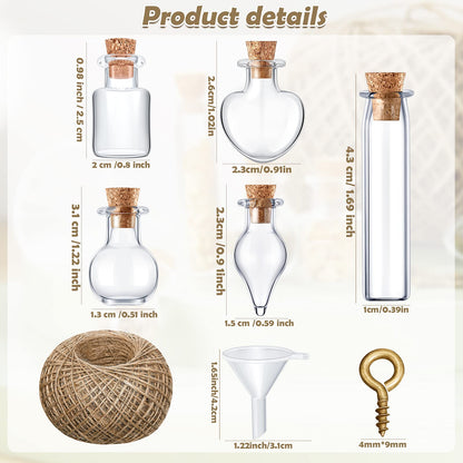 Geiserailie 50 Pieces Small Tiny Glass Spell Jars Bottle with Cork Stopper Witchy Gifts Witchcraft Supplies Wishing Bottles with Eye Screws Funnel Rope for DIY Crafts(Transparent,Style A)
