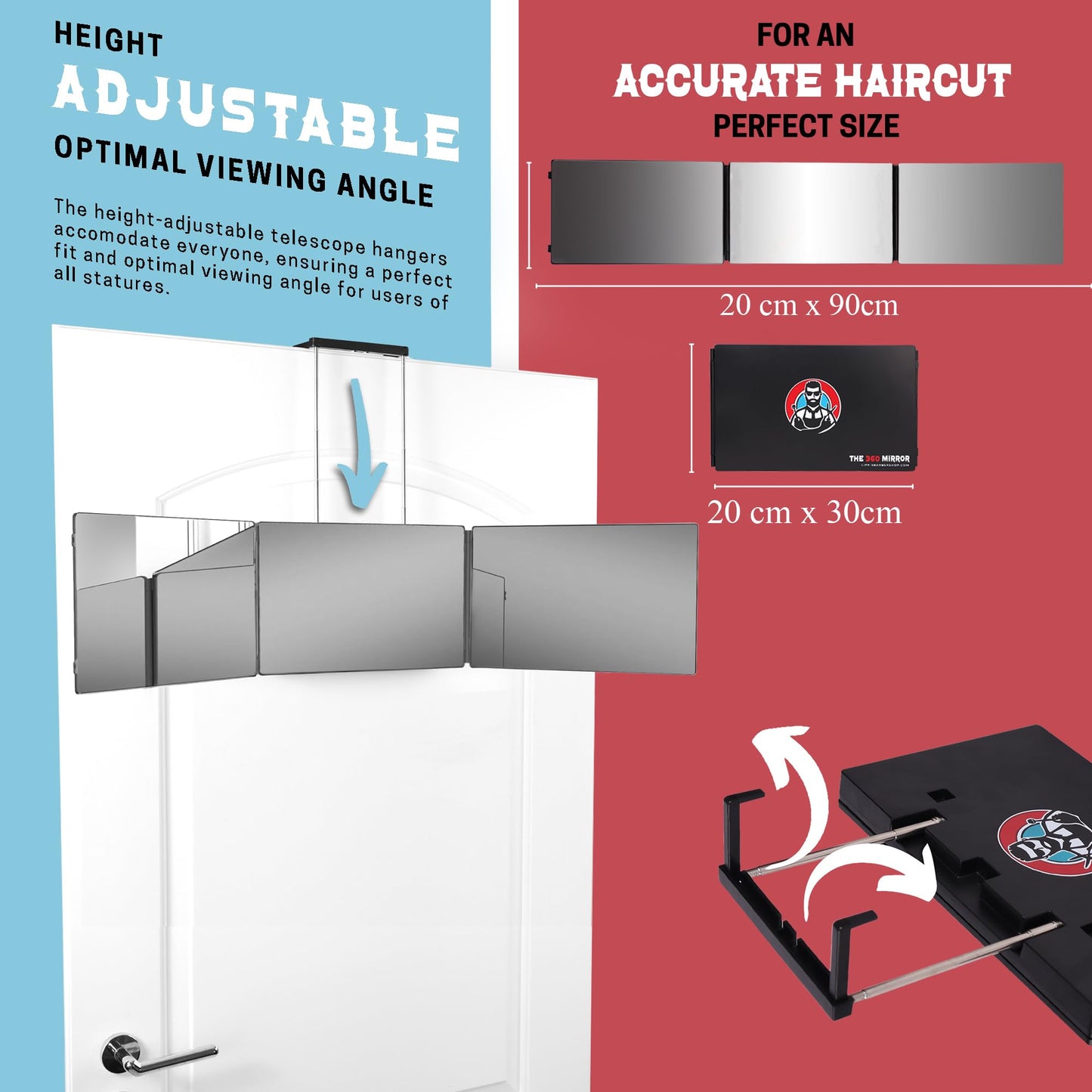 The 360 Mirror - Adjustable Telescoping Hooks - Self Haircut Mrror for Men - 3 Way Mirror for Hair Cutting - Miror for Self Haircutting - Cut your Own Hair Mirro (I Without LED I)