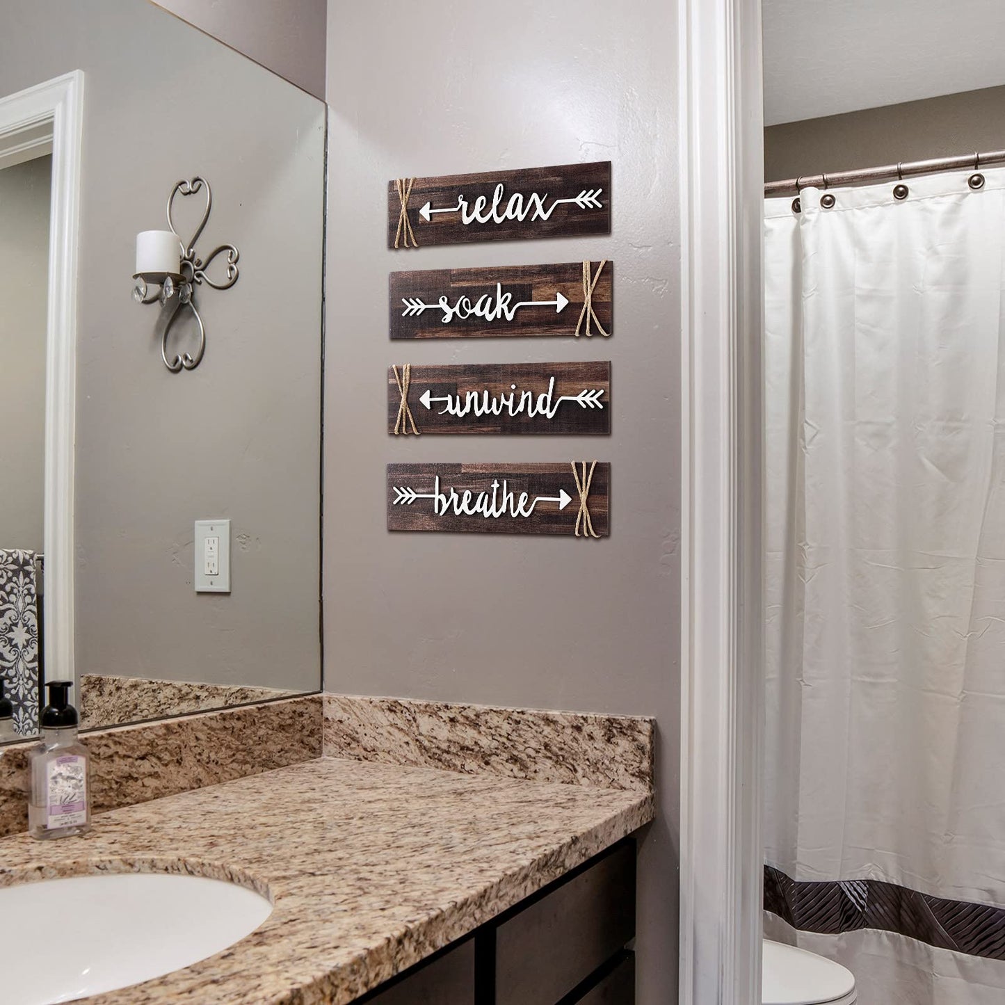 Jetec 4-Piece Farmhouse Rustic Bathroom Wall Art: Soak, Relax, Unwind, Breathe - Brown Wooden Signs with Arrows - Bathroom Decor