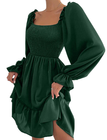 Ekaliy Women's Casual A line Dress Knee Length Puff Sleeves Smocked Elegant Homecoming Dress Green M
