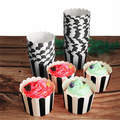STARUBY 50 Pack Muffin Liners Baking Paper Cups Black and White Stripes Cupcake Liners Elegent Muffins Baking Cups Cupcake Wrappers for Birthday Parties, Weddings, Bottom Dia 2.36 Inch