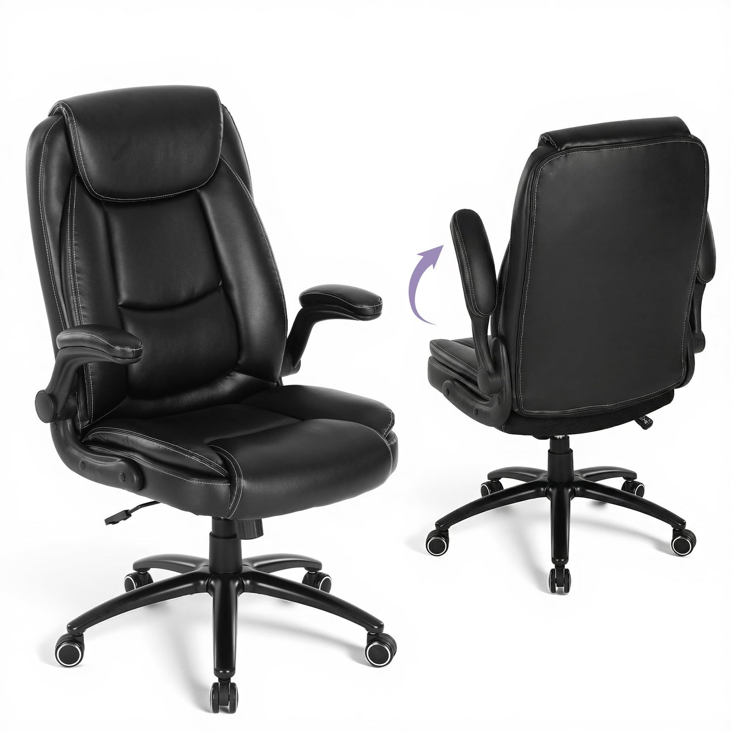 MALOL PU Leather Ergonomic Office Chair -Adjustable Height & Tilt Tension Set of 2, 300lbs Thick Padded Seat Executive Desk Chair with Flip-Up Armrests & Reclining Backrest, Black