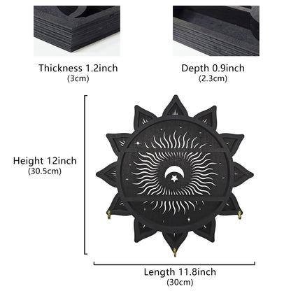 FNYDOX Chakra Lotus Flower Crystal Display Shelf with LED Light, Witchy Home Decor Boho Decorative Wall Mounted Trinket Shelf Wooden Sun Moon Shelf Rock Case Stone Storage Floating Hanging Holder